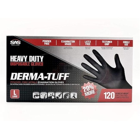 Sas Safety Derma-Tuff, Disposable Gloves, Nitrile, Powder-Free, L, Black SAS-66583